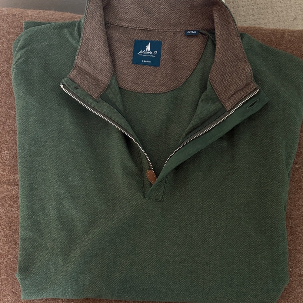 Johnnie-O Green Quarter-Zip Pullover with Brown Collar